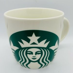 Starbucks Coffee Mug Green Siren Mermaid Logo White Barrel Cup 14 oz